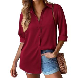 imageBTFBM Button Down Satin Blouses for Women Dressy Casual Lapel V Neck Long Sleeve Shirts Loose Business Work Tops 2024Solid Wine Red