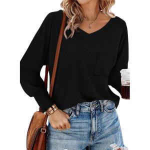 imageBTFBM Long Sleeve Shirts for Women Dressy Casual Loose V Neck Smocked Puff Sleeve Tops Blouses Fall Clothes 2024Black