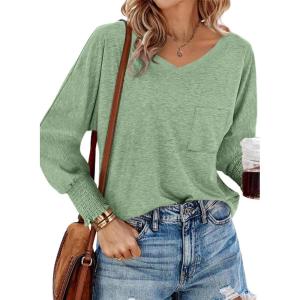 imageBTFBM Long Sleeve Shirts for Women Dressy Casual Loose V Neck Smocked Puff Sleeve Tops Blouses Fall Clothes 2024Grass Green