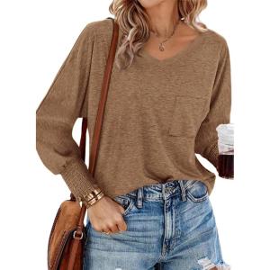 imageBTFBM Long Sleeve Shirts for Women Dressy Casual Loose V Neck Smocked Puff Sleeve Tops Blouses Fall Clothes 2024Khaki