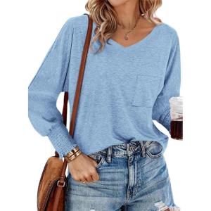 imageBTFBM Long Sleeve Shirts for Women Dressy Casual Loose V Neck Smocked Puff Sleeve Tops Blouses Fall Clothes 2024Light Blue