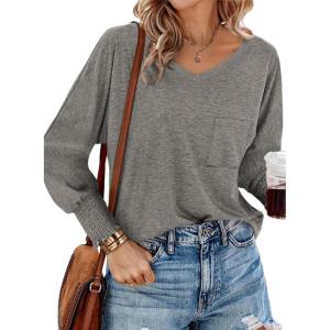 imageBTFBM Long Sleeve Shirts for Women Dressy Casual Loose V Neck Smocked Puff Sleeve Tops Blouses Fall Clothes 2024Light Grey