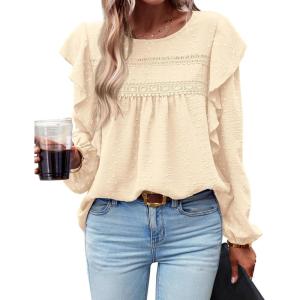 imageBTFBM Long Sleeve Swiss Dot Blouses for Women Dressy Casual Spring Fall Crewneck Boho Western Shirts Business Work TopsSolid Beige