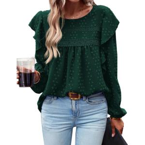 imageBTFBM Long Sleeve Swiss Dot Blouses for Women Dressy Casual Spring Fall Crewneck Boho Western Shirts Business Work TopsSolid Dark Green