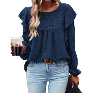 imageBTFBM Long Sleeve Swiss Dot Blouses for Women Dressy Casual Spring Fall Crewneck Boho Western Shirts Business Work TopsSolid Navy
