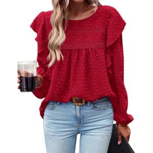 imageBTFBM Long Sleeve Swiss Dot Blouses for Women Dressy Casual Spring Fall Crewneck Boho Western Shirts Business Work TopsSolid Red