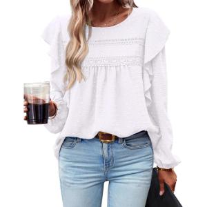 imageBTFBM Long Sleeve Swiss Dot Blouses for Women Dressy Casual Spring Fall Crewneck Boho Western Shirts Business Work TopsSolid White