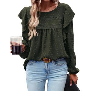 imageBTFBM Long Sleeve Swiss Dot Blouses for Women Dressy Casual Spring Fall Crewneck Boho Western Shirts Business Work TopsSwiss Dot Army Green