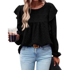 imageBTFBM Long Sleeve Swiss Dot Blouses for Women Dressy Casual Spring Fall Crewneck Boho Western Shirts Business Work TopsSwiss Dot Black