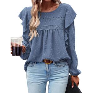 imageBTFBM Long Sleeve Swiss Dot Blouses for Women Dressy Casual Spring Fall Crewneck Boho Western Shirts Business Work TopsSwiss Dot Blue