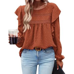 imageBTFBM Long Sleeve Swiss Dot Blouses for Women Dressy Casual Spring Fall Crewneck Boho Western Shirts Business Work TopsSwiss Dot Brick Red