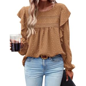 imageBTFBM Long Sleeve Swiss Dot Blouses for Women Dressy Casual Spring Fall Crewneck Boho Western Shirts Business Work TopsSwiss Dot Brown