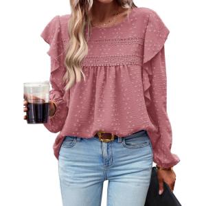 imageBTFBM Long Sleeve Swiss Dot Blouses for Women Dressy Casual Spring Fall Crewneck Boho Western Shirts Business Work TopsSwiss Dot Pink