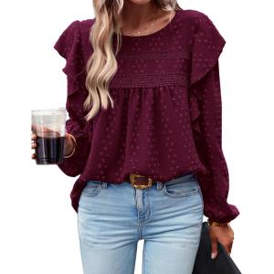 imageBTFBM Long Sleeve Swiss Dot Blouses for Women Dressy Casual Spring Fall Crewneck Boho Western Shirts Business Work TopsSwiss Dot Wine Red