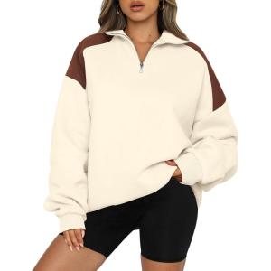 imageBTFBM Quarter Zip Sweatshirts For Women 2024 Fall Fashion Long Sleeve Color Block Casual Y2k Activewear Pullover TopsBeige