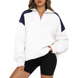 imageBTFBM Quarter Zip Sweatshirts For Women 2024 Fall Fashion Long Sleeve Color Block Casual Y2k Activewear Pullover TopsBeige White