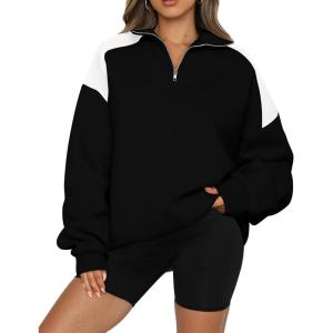 imageBTFBM Quarter Zip Sweatshirts For Women 2024 Fall Fashion Long Sleeve Color Block Casual Y2k Activewear Pullover TopsBlack