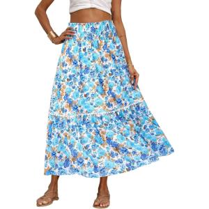 imageBTFBM Women 2024 Summer Spring Floral Long Skirts Casual Elastic High Waist Pleated Swing A Line Boho Beach Maxi Skirt