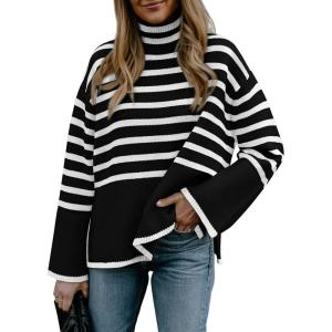 imageBTFBM Women Casual Turtleneck Striped Sweater 2024 Fall Winter Jumper Tops Long Sleeve Side Slit Oversized Knit PulloverStriped Black