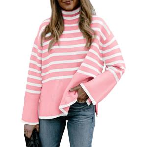 imageBTFBM Women Casual Turtleneck Striped Sweater 2024 Fall Winter Jumper Tops Long Sleeve Side Slit Oversized Knit PulloverStriped Pink