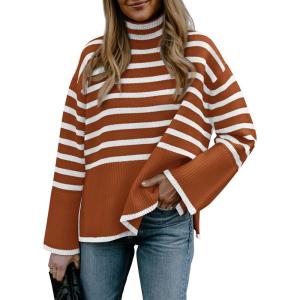imageBTFBM Women Casual Turtleneck Striped Sweater 2024 Fall Winter Jumper Tops Long Sleeve Side Slit Oversized Knit PulloverStriped Rust Red