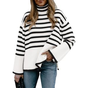 imageBTFBM Women Casual Turtleneck Striped Sweater 2024 Fall Winter Jumper Tops Long Sleeve Side Slit Oversized Knit PulloverStriped White