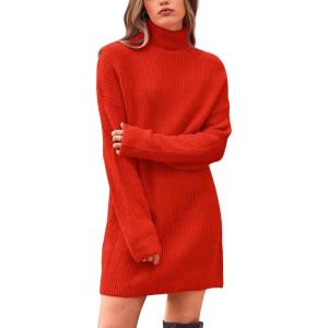 imageBTFBM Womens Long Sleeve Turtleneck Sweaters Soft Ribbed Knit Oversized 2024 Fall Winter Long Pullover Sweater DressSolid Orange