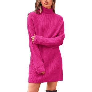 imageBTFBM Womens Long Sleeve Turtleneck Sweaters Soft Ribbed Knit Oversized 2024 Fall Winter Long Pullover Sweater DressSolid Rose Red