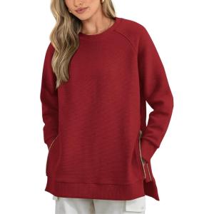 imageBTFBM Womens Oversized Sweatshirt 2024 Spring Fashion Crew Neck Long Sleeve Slit Casual Pullover Tops with Side Zipper