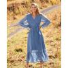 imageBTFBM Womens Casual Party Dresses 2024 Spring Summer Long Sleeve Wrap V Neck Swiss Dot Swing ALine Maxi Dress with BeltSwiss Dot Grey Blue
