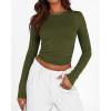 imageBTFBM Womens Long Sleeve Shirts 2024 Summer Fall Ruched Crew Neck Activewear Y2K Tight Slim Fit Casual Basic Crop TopsSolid Army Green