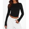 imageBTFBM Womens Long Sleeve Shirts 2024 Summer Fall Ruched Crew Neck Activewear Y2K Tight Slim Fit Casual Basic Crop TopsSolid Black
