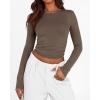 imageBTFBM Womens Long Sleeve Shirts 2024 Summer Fall Ruched Crew Neck Activewear Y2K Tight Slim Fit Casual Basic Crop TopsSolid Coffee