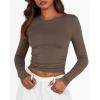 imageBTFBM Womens Long Sleeve Shirts 2024 Summer Fall Ruched Crew Neck Activewear Y2K Tight Slim Fit Casual Basic Crop TopsSolid Coffee