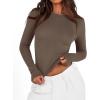 imageBTFBM Womens Long Sleeve Shirts 2024 Summer Fall Ruched Crew Neck Activewear Y2K Tight Slim Fit Casual Basic Crop TopsSolid Coffee