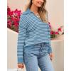 imageBTFBM Womens Striped Long Sleeve Sweater V Neck Lapel Collar 2024 Fall Winter Fashion Ribbed Knit Loose Pullover TopsStriped Blue White