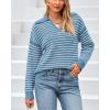 imageBTFBM Womens Striped Long Sleeve Sweater V Neck Lapel Collar 2024 Fall Winter Fashion Ribbed Knit Loose Pullover TopsStriped Blue White