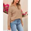 imageBTFBM Womens Striped Long Sleeve Sweater V Neck Lapel Collar 2024 Fall Winter Fashion Ribbed Knit Loose Pullover TopsStriped Khaki