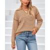 imageBTFBM Womens Striped Long Sleeve Sweater V Neck Lapel Collar 2024 Fall Winter Fashion Ribbed Knit Loose Pullover TopsStriped Khaki