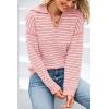 imageBTFBM Womens Striped Long Sleeve Sweater V Neck Lapel Collar 2024 Fall Winter Fashion Ribbed Knit Loose Pullover TopsStriped Pink