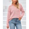imageBTFBM Womens Striped Long Sleeve Sweater V Neck Lapel Collar 2024 Fall Winter Fashion Ribbed Knit Loose Pullover TopsStriped Pink