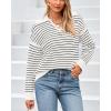 imageBTFBM Womens Striped Long Sleeve Sweater V Neck Lapel Collar 2024 Fall Winter Fashion Ribbed Knit Loose Pullover TopsStriped White Black