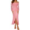 imageBTFBM Women Elegant Off Shoulder Dresses Sheer Long Sleeve Mesh Ruched Wrap Split Bodycon Maxi Cocktail Wedding Guest Dress