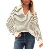 imageBTFBM Womens Striped Long Sleeve Sweater V Neck Lapel Collar 2024 Fall Winter Fashion Ribbed Knit Loose Pullover TopsStriped Apricot