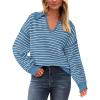 imageBTFBM Womens Striped Long Sleeve Sweater V Neck Lapel Collar 2024 Fall Winter Fashion Ribbed Knit Loose Pullover TopsStriped Blue White
