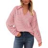 imageBTFBM Womens Striped Long Sleeve Sweater V Neck Lapel Collar 2024 Fall Winter Fashion Ribbed Knit Loose Pullover TopsStriped Pink