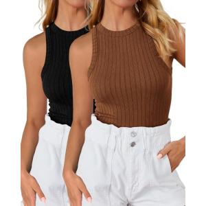 imageBTFBM 2 Pack Womens Tank Tops Casual Sleeveless Racerback High Neck Crop Tops Shirts Slim Fitted Basic Ribbed Tank TopBrown black