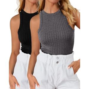 imageBTFBM 2 Pack Womens Tank Tops Casual Sleeveless Racerback High Neck Crop Tops Shirts Slim Fitted Basic Ribbed Tank TopDark Grey black