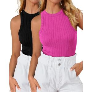 imageBTFBM 2 Pack Womens Tank Tops Casual Sleeveless Racerback High Neck Crop Tops Shirts Slim Fitted Basic Ribbed Tank TopRose Red black