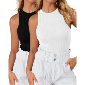 imageBTFBM 2 Pack Womens Tank Tops Casual Sleeveless Racerback High Neck Crop Tops Shirts Slim Fitted Basic Ribbed Tank TopWhite black